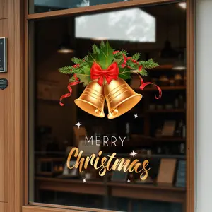 1 piece of 45cm*60cm Christmas window glass window stickers, golden Christmas bells, red bows, Hollyleaf and pine branches, and PVC electrostatic decals to create a festive atmosphere for your home and shop