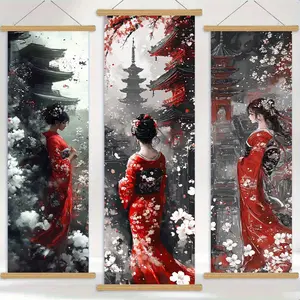 Featuring Vibrant Colors of Japanese Geisha Scrolls Hanging Painting - High-Definition Artistic Ink Wash Art Portrait Posters, Suitable for Indoor And Outdoor Wall Art, Made of Odorless Polyester, Perfect for Home And Living Room Decoration