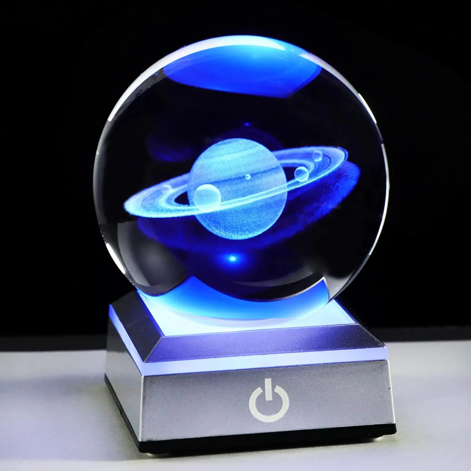 80mm 3D Engraved Saturn K9  Ball with  LED Base Solar System Glass Sphere Miniatured Saturn Planet Birthday Gifts for Astronomy Home Decorations (3.15 in. Saturn)