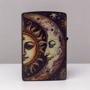 Sun & Moon Vintage Lighter – Windproof Refillable Lighter Fluid Metal Pocket Lighter, Celestial Aesthetic EDC Gift(No Fuel)