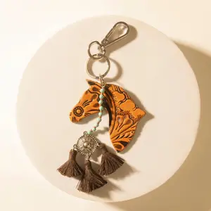 Myra [Live] Summer Cove Horse Handtooled Leather Key Fob in Caramel Tan
