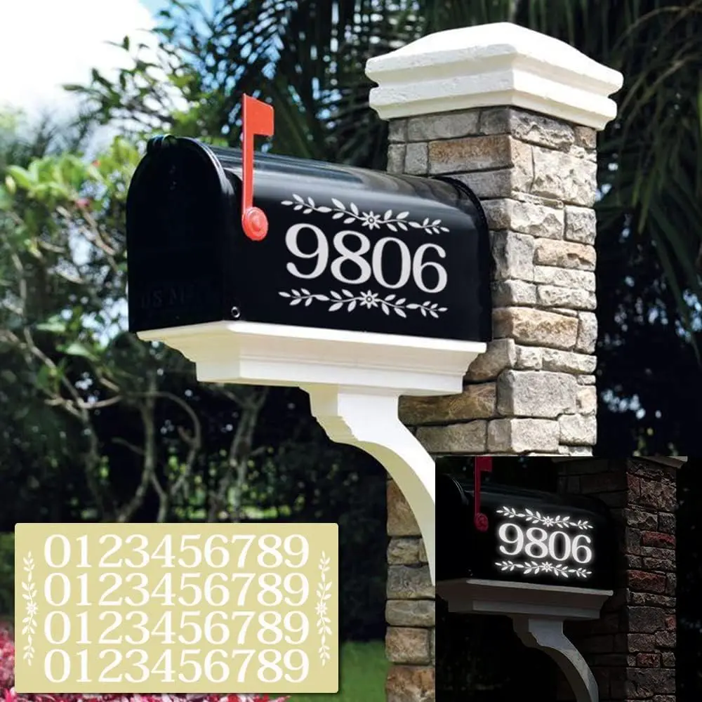 2 Set Mailbox Numbers for Outside White Reflective Decal Front Door Stickers Housewarming Gift Waterproof Vinyl Number Mailbox Signs 2 Flowers and 44 Number