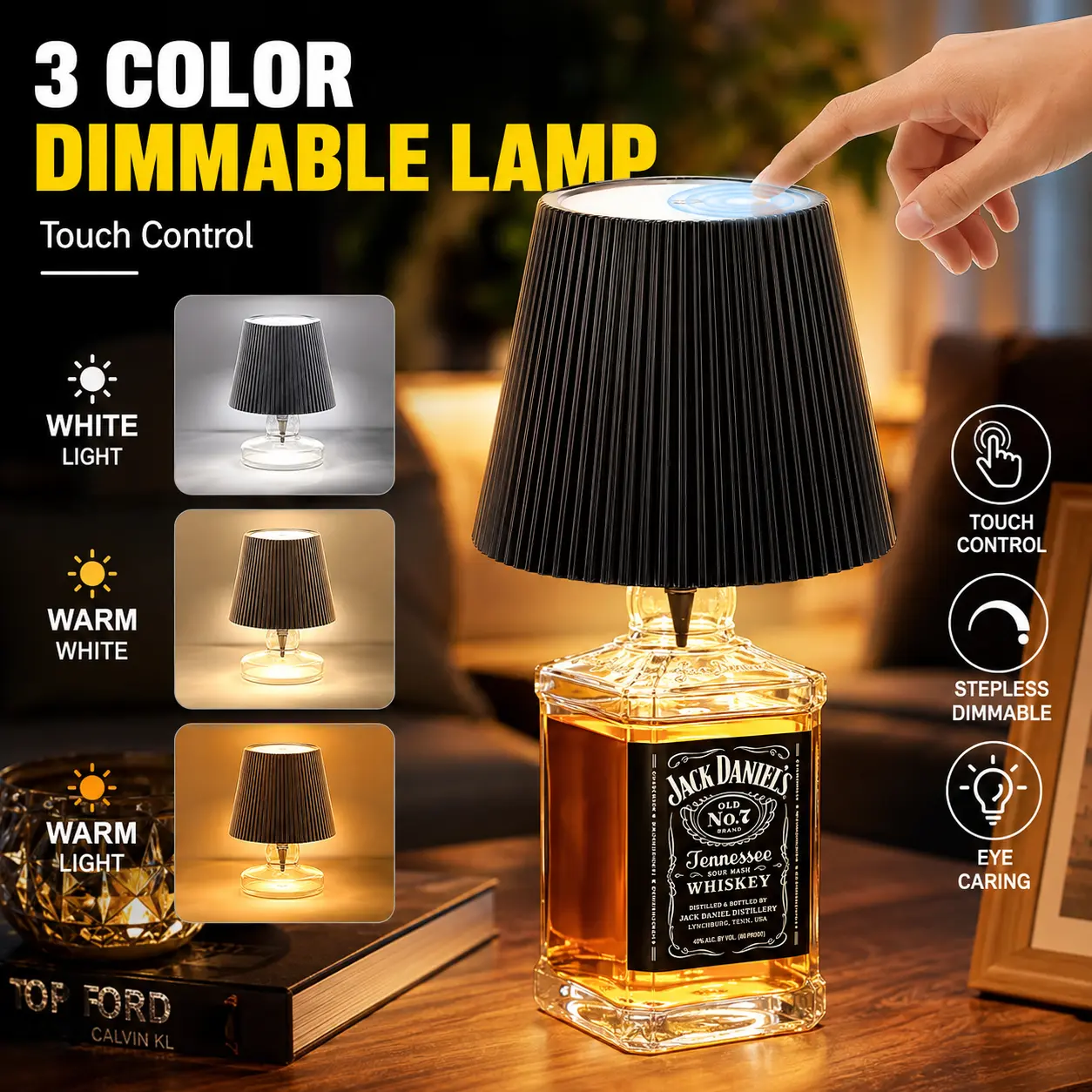 Rechargeable Bottle Lamp with Touch Control, 3 Color Stepless Dimmable Wireless Decorative Table Lamp, Portable Mood Light for Whiskey Bottles, Home Bar, Party & Bedroom