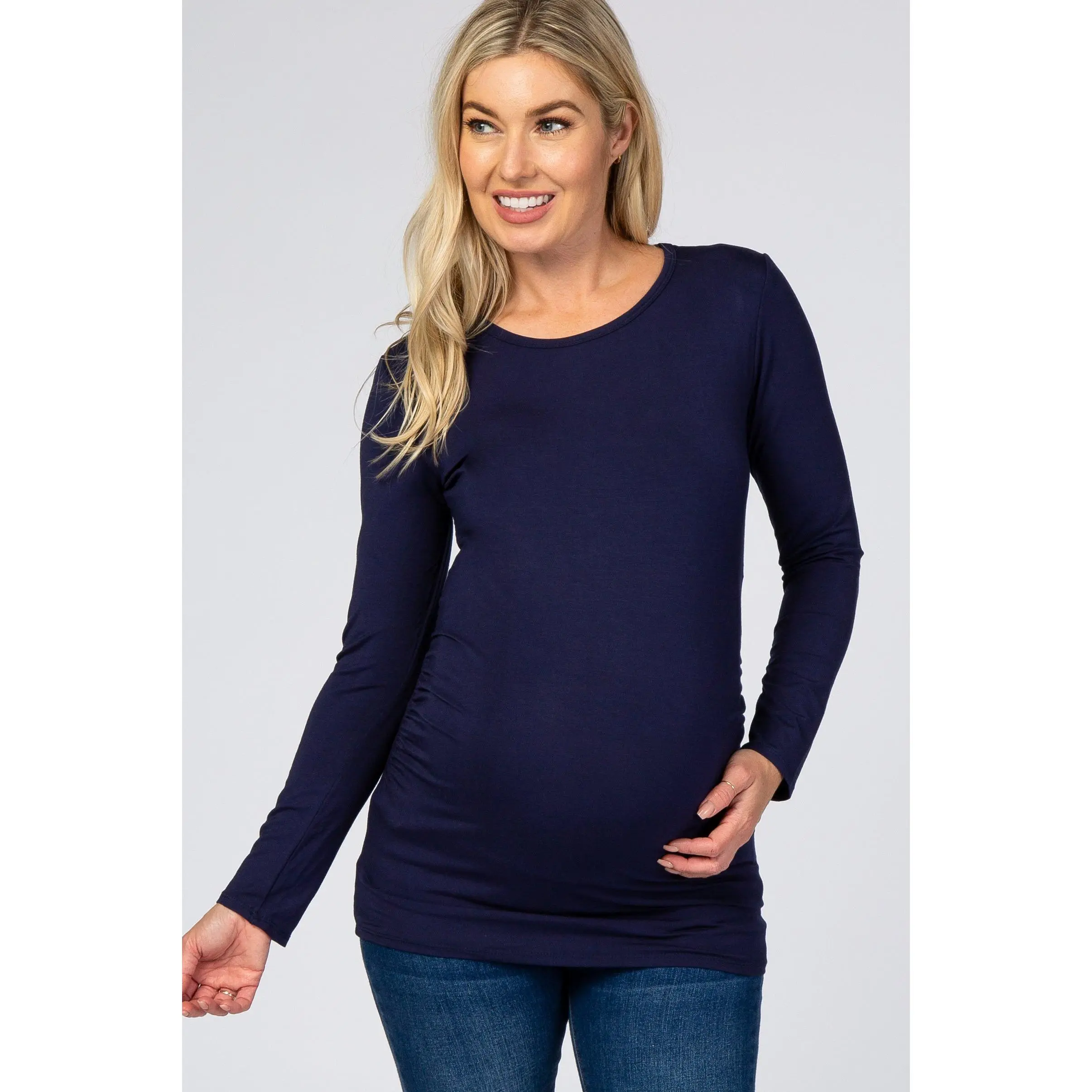 Navy Blue Long Sleeve Ruched Fitted Maternity Top