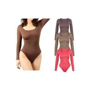Women's Long Sleeve Square Neck Bodysuit for Casual All Seasons with Comfort Spandex, Basic Wear for Everyday Use