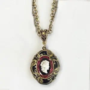 Vintage Cameo Enamel Locket Necklace N1522