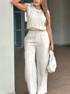 Women's Solid Linen Loose Vest Top Wide Leg Pants Trouser Set 2PCS Outfit Clothes Womenswear, Spring Summer Casual Minimalist Vibrant Multiple Colors Elastic Waist Straight Leg Pants Suit, Comfortable Summer Lounge Wear