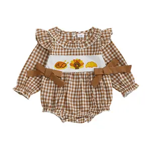 REDWOON My First Thanksgiving Baby Girl Outfit Turkey Bubble Onesie Romper Smocked Bodysuit Cute Newborn Infant Clothes Fall