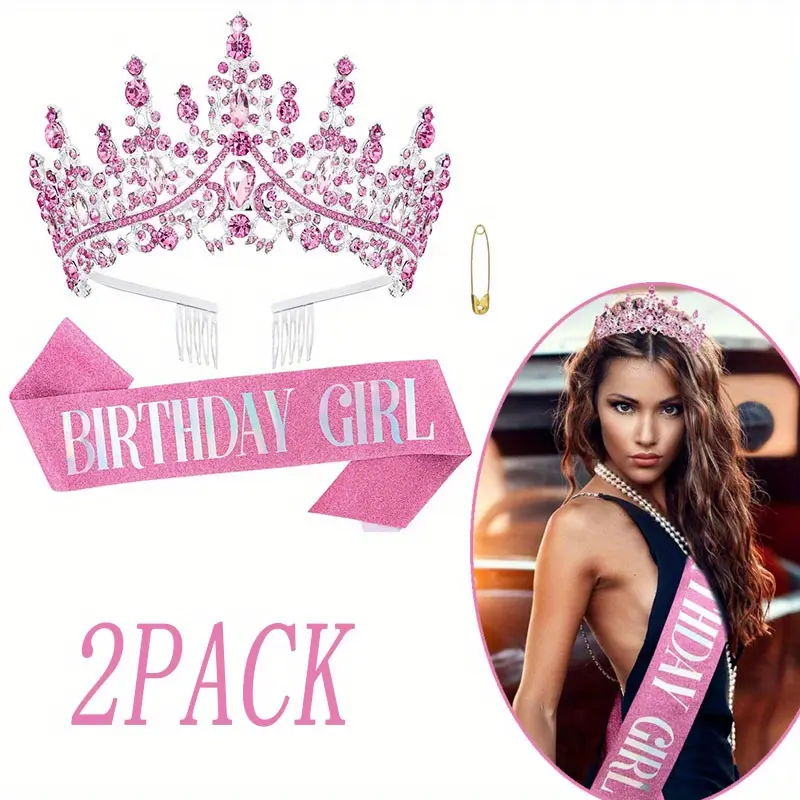 Women's Pink Crystal Princess Tiara Set - Includes Combs, Birthday Crowns, "Birthday Girl" Sash, Elegant Party Hair Styling Accessory