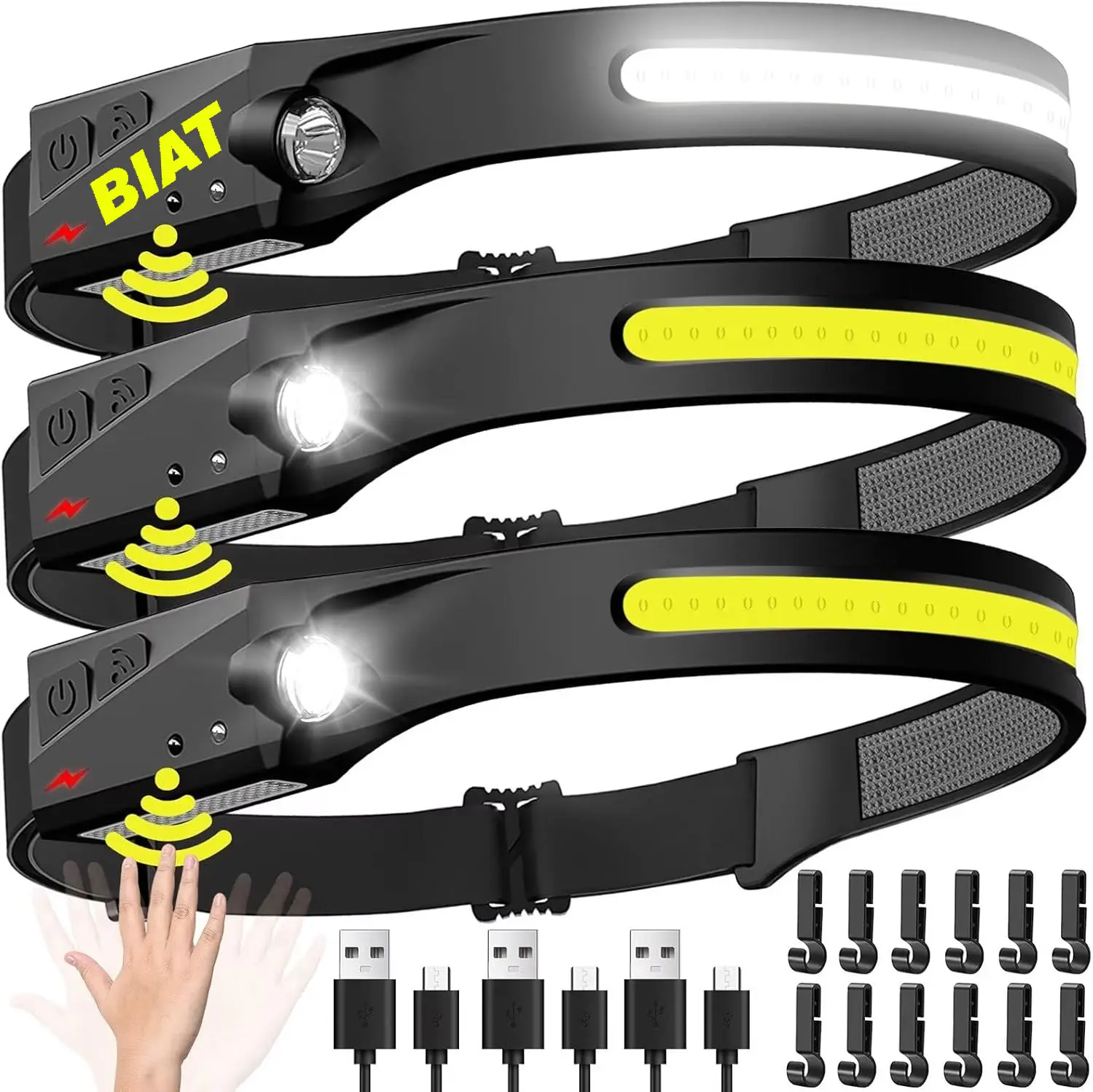 BIAT 3PCS Rechargeable LED Headlamp, 230° Wide Beam with Motion Sensor for Adults, Waterproof Camping Accessories Gear for Hiking, Running