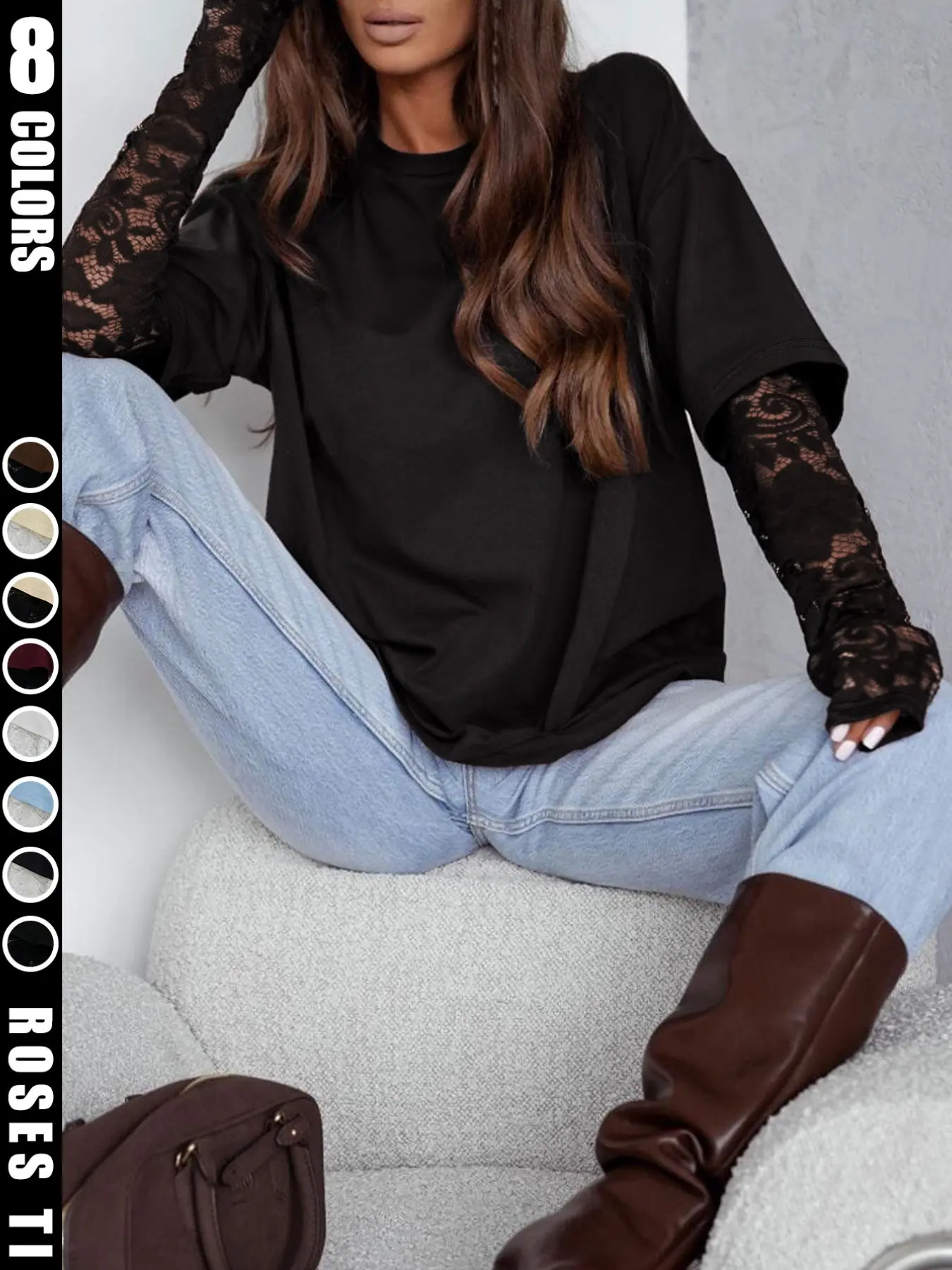 Vintage Loose Casual Basic T-Shirt with Lace Long Sleeves, Layered Sweet-and-Edgy Slim-Fit Top for Women Fitted Casual