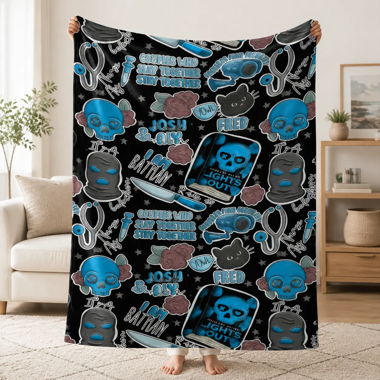 Edgy Graphic Throw Blanket, Blue Black Street Style Pattern Soft Cozy Blanket for Bedroom, Gaming Room, Couch Decor, Aesthetic Home Accent Gift