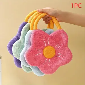 ☁ 1PC Aesthetic Flower Hanging Hand Towel, Hangable Fluffy Microfiber Absorbent Washcloth for Bathroom Decor