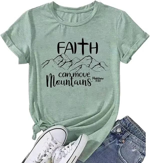 Women Hiking Mountain Shirt Nature Sunrise Graphic Printed Faith Can Move Mountans Hiking T Shirt Summer Short Sleeve Workout Tee top