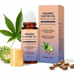 Organic Castor Oil Roll-On with Rose Quartz Roller, Cold-Pressed Hexane-Free Body Oil for Skin, Massage & Daily Moisturizing, 50ml