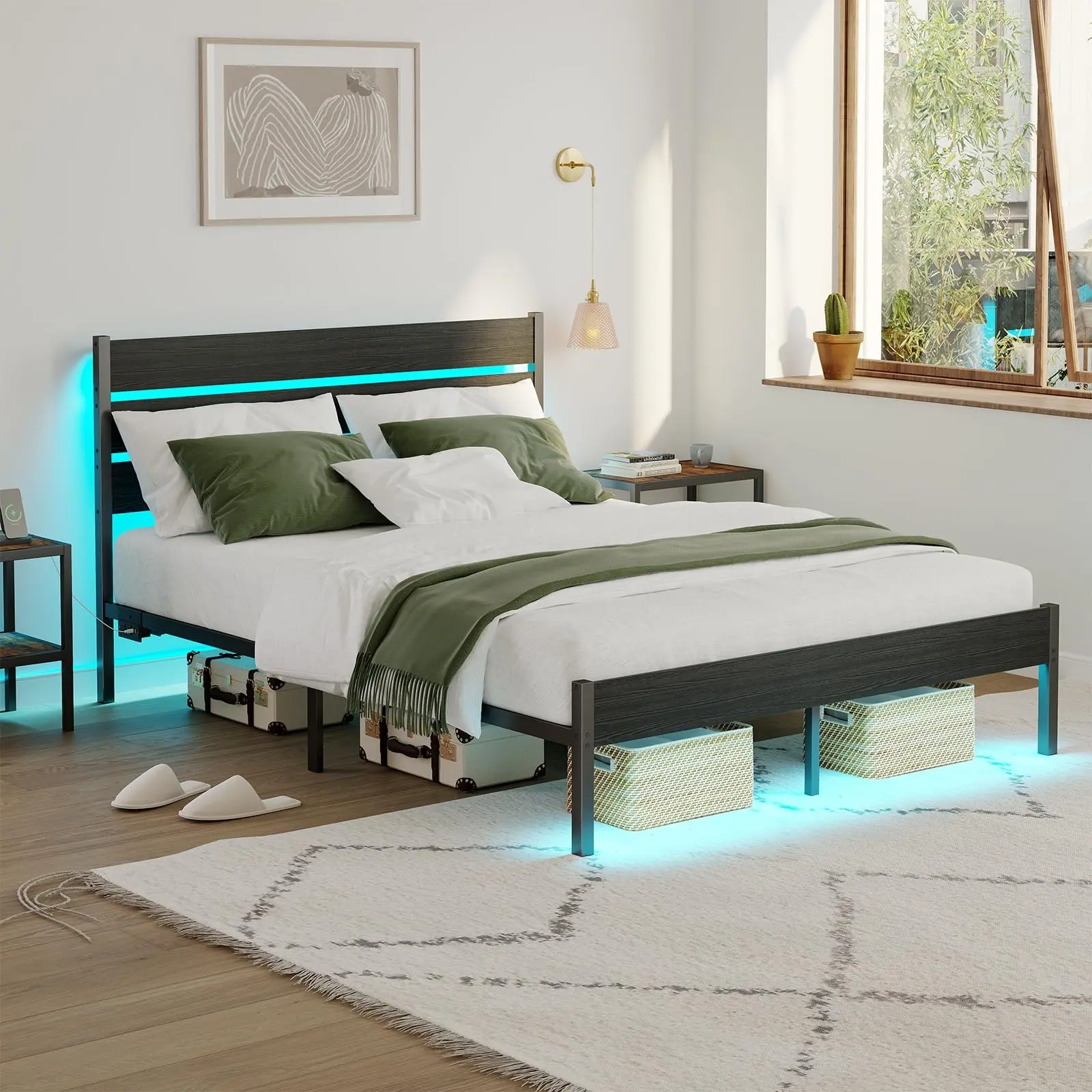 Summerwins Rustic Brown Twin-Full Bed Frame with Wooden Headboard, Platform Design, Makeup Vanity Desk, Charging Port, USB Port, LED Light, Quiet Structure, Easy Assembly, No Box Spring Needed, Bed with Storage, Modern Bedroom Furniture