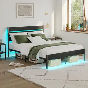 Rustic Brown Twin-Full Bed Frame with Wooden Headboard, Platform Design, Makeup Vanity Desk, Charging Station, LED Light, Quiet Structure, Easy Assembly, No Box Spring Needed, Indoor Bedroom Furniture (Full Size Bed Frames)