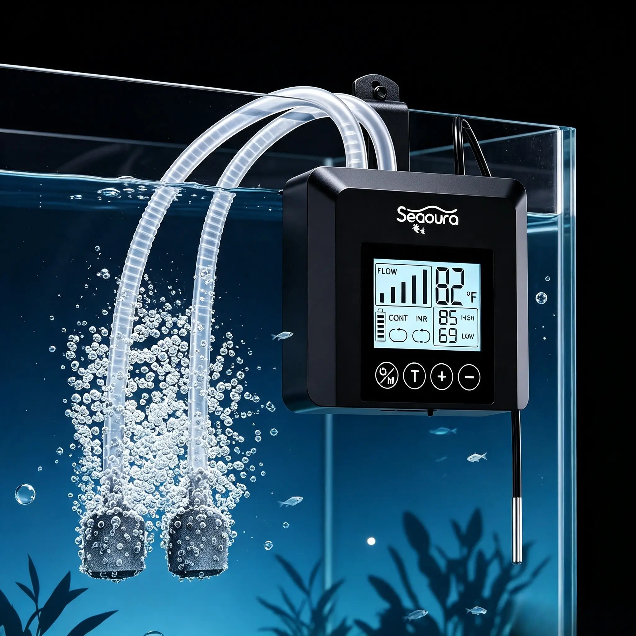 Seaoura USB Rechargeable Lithium Battery Aquarium Air Pump - Quiet Adjustable Flow Dual Outlets with Digital Temp Display for 120-gal Fish Tanks, Bait Buckets & Outdoor Fishing Emergencies power outage