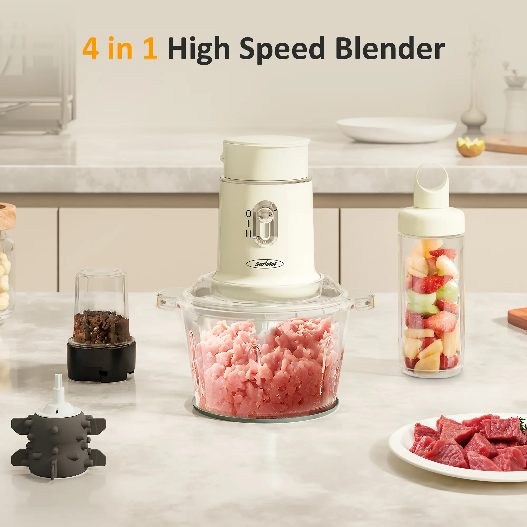 Sunvivi 4 in 1 High Speed Blender and Food Processor 4 Functions for Grinding Meat & Peeling Garlic & Juicing,Blenders with 1.5 L Glass Bowl & 2 Cups