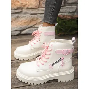 Cute Heart Decor Short Boots, Front Lace-Up Boots, Comfortable Wear, Perfect for Elegant Women, Stylish Footwear