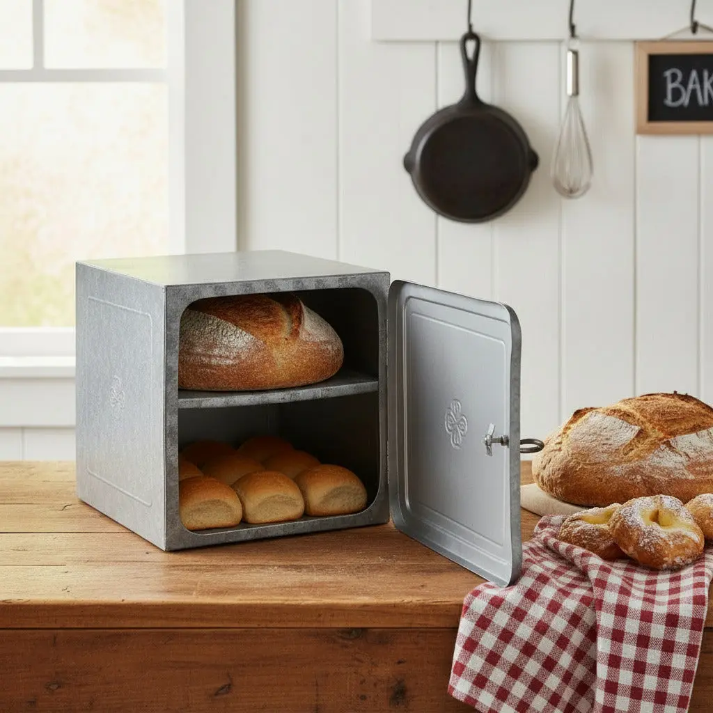 Vintage Galvanized Metal Bread Box, Country Style Kitchen Storage Container for Utensils