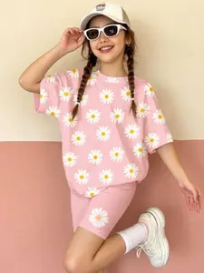 Girls Daisy Patterned T-Shirt and Slim Shorts Set, Short Sleeve Round Neck, Casual Streetwear, Perfect Gift for Kids, Outdoor Activities