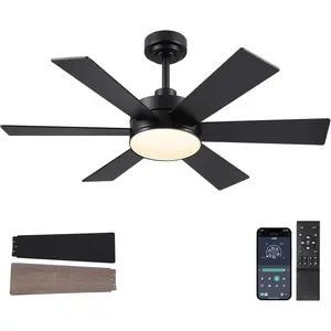 42 inch Ceiling Fans with Lights, Black Ceiling Fan with Remote APP, Dual-Sided Modern/Rustic 6 , Reversible, 3CCT, Sloped Flush Mount Low Profile Ceiling Fan with Lights Bedroom Kitchen Indoor