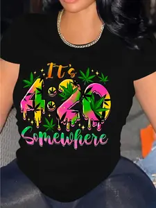 'It'S 4.20 Somewhere' Graphic T-Shirt - Featuring a Leaf And Dripping Paint Design, This Soft Stretch Round Neck Casual Summer Tee Is Machine Washable, Perfect for Leisure Wear with a Fun Design And Medium Elasticity