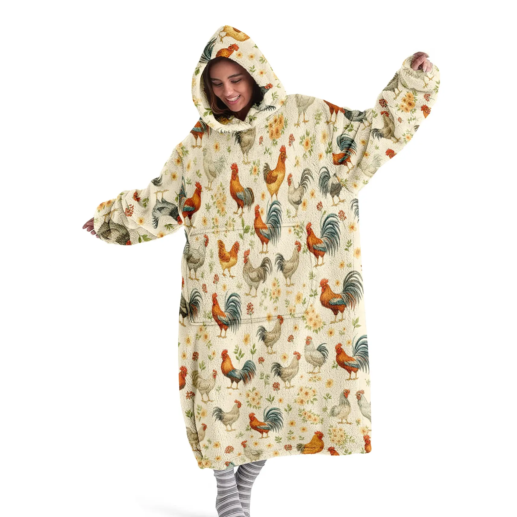 Hoodie blanket, wearable blanket, rooster full printed hooded wearable blanket, digital printed flannel blanket, soft and warm blanket suitable for sofa cover, air conditioning blanket, nap blanket cover, office bed, camping trip, Cozy Hooded Blanket