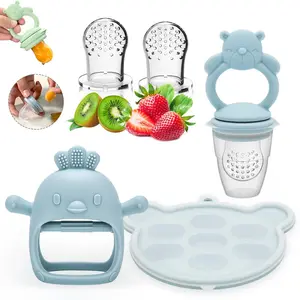 Baby Teether Set, 5 Counts/set Including Silicone Teether & Fruit Feeder & Food Feeding Storage Box, Newborn Baby Fruit Feeder, Baby Teething Relief Tool, Baby Essentials, Cute Baby Items