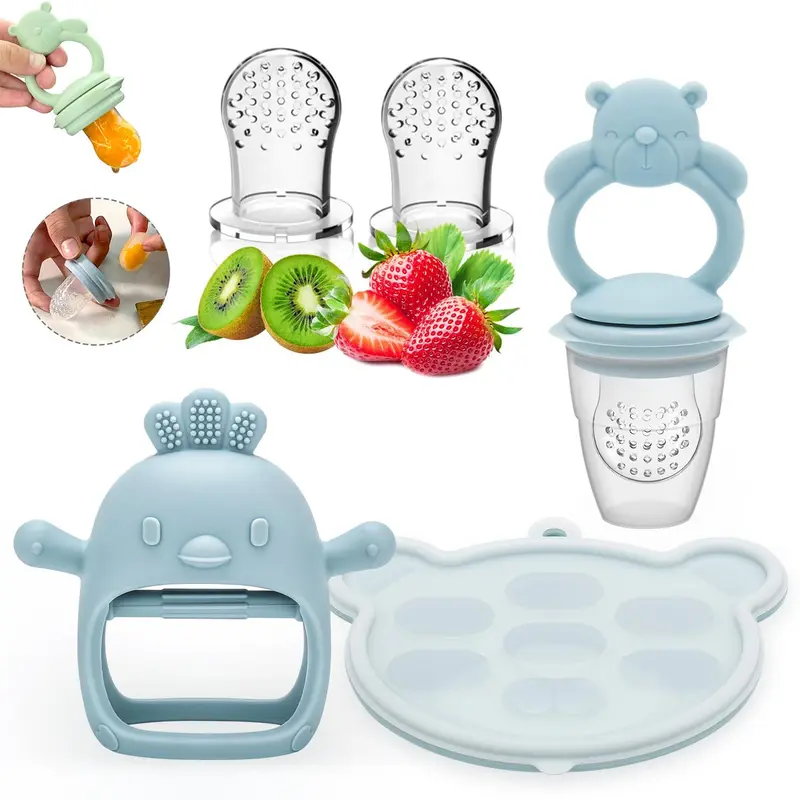 Baby Teether Set, 5 Counts/set Including Silicone Teether, Fruit Feeder & Feeding Food Storage Box, Newborn Baby Fruit Feeder, Baby Teething Relief Tool, Baby Essentials, Convenience, Durable, Playful Cute Baby Items Bear Chick