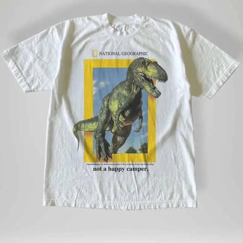National Geographic "Not A Happy Camper" T-Rex Graphic T-Shirt, Vintage Dinosaur Nature Tee, Funny Jurassic Explorer Shirt, Retro Wildlife Graphic Tee