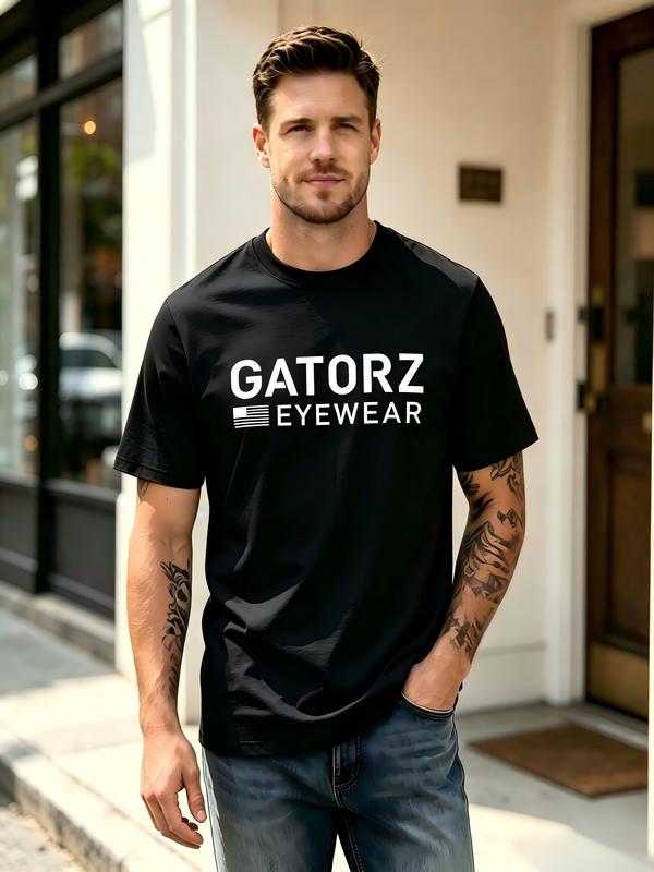 Men's Fitted Crew Neck Short Sleeve Soft Cotton T-Shirt - Black with White Text Print, Gatorz Eyewear Graphic, American Flag Logo, 2000 Menswear Casual Streetwear Tops, Breathable Fabric