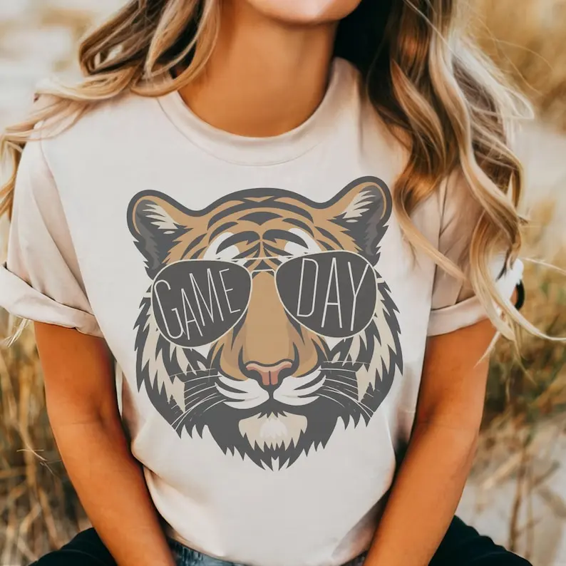 Football Mom Unisex Women Summer T-Shirt, Cute Tigers Mascot Game Day Tee With Game Day Glasses Graphic