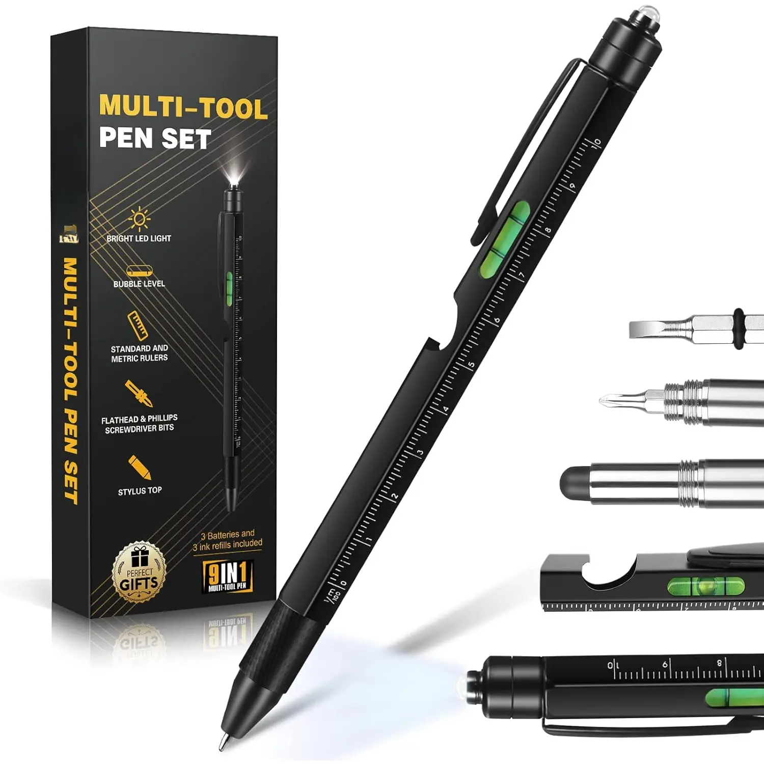 Father's Day Gifts for Dad Husband Boyfriend from Daughter Wife Son, Gifts for Men Him, 9 in 1 Multitool Pen Set, Cool Gadgets Tool Pen with Led Light, Stylus, , Opener, Ruler, Level-Black
