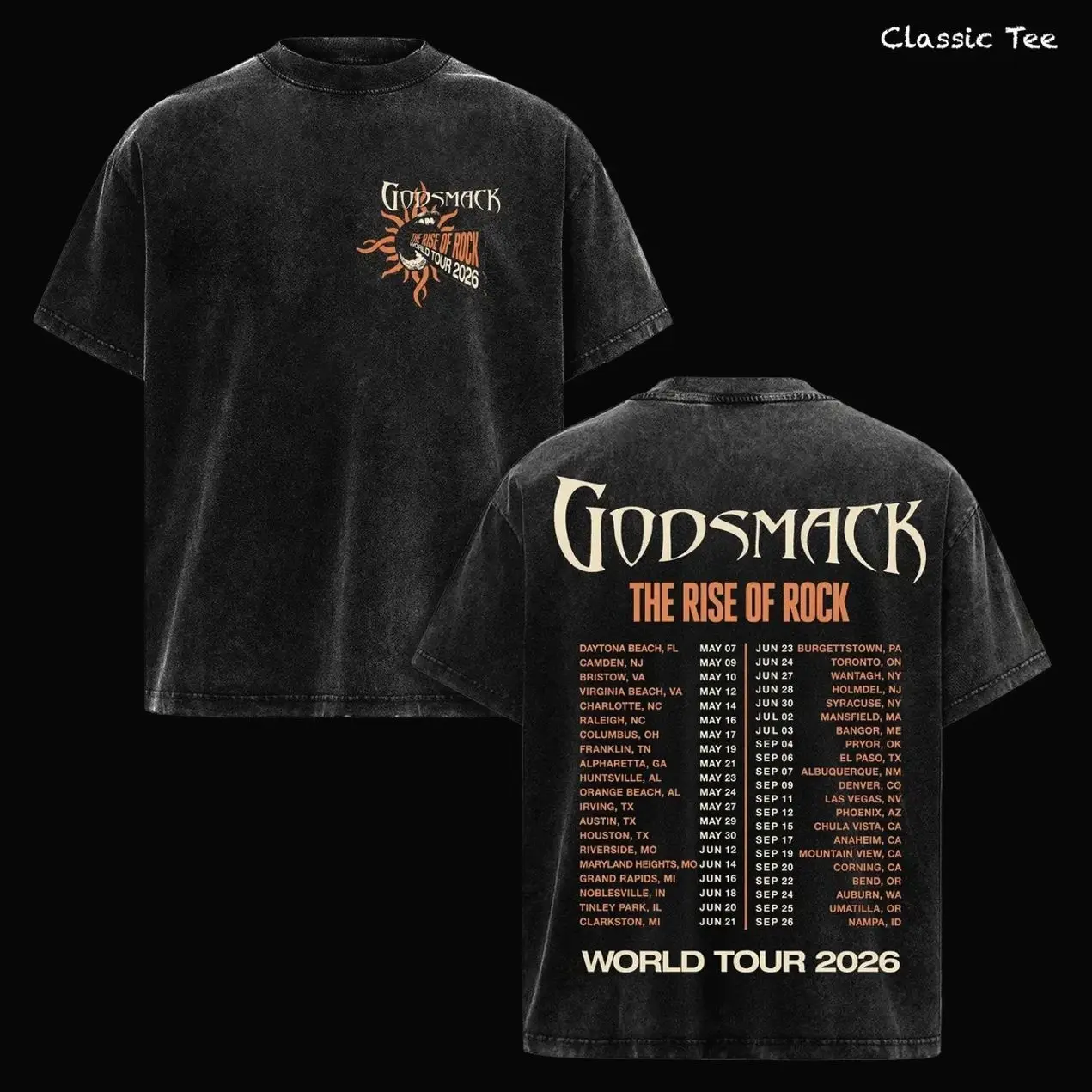 Godsmack The Rise of Rock World Tour 2026 Shirt - Godsmack Tour Dates T-Shirt, The Rise of Rock Graphic Concert Merch, Distressed Vintage Washed Classic Cotton Unisex Tee, Heavy Metal Rock Band Aesthetic, Sully Erna Fan Gift, 2026 World Tour B8E