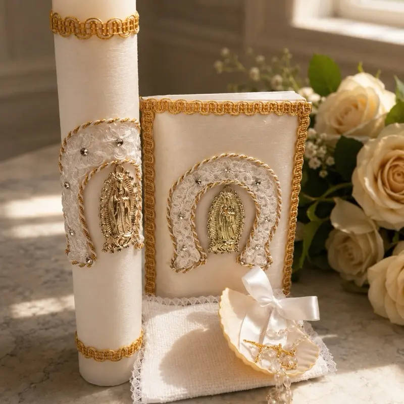 5pcs  Baptism Candle Set - 8” Candle, Rosary, New Testament, Decorative Elements in Box for Boys & Girls (English & Spanish, White/gold) |