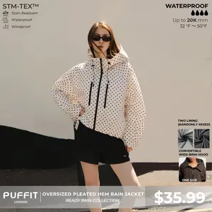 【Restocked】PUFFIT STM-TEX Short One-Size Rain Jacket With Pleated Hem,Hooded Jacket,Waterproof Jacket,Women Jacket,Wide-Brim Hood,Adjustable Cuffs,Zips,Outdoor Sport,Jacket,Statements,Windbreaker,Spring,Dog Walking,School Running,Football Mum,Stylish
