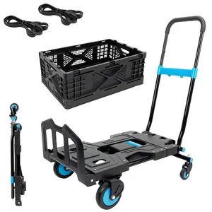 WheelX 2-in-1 Multi-functional Foldable Hand Truck & Flat Dolly - Collapsible Folding Trollies with Storage Basket - 330 lbs Capacity - Portable for Home, Moving, Outdoor Camping - Father's Day Gift
