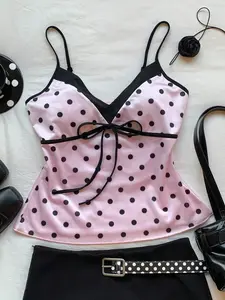 Comfortcana Women's Pink Setin Polka Dot Print V-Neck Camisole Top 2026 New Fashionable Summer Women Spring Outfit Women Clothes Valentine's Day Going Out Polka Dot Print Tie Front Casual Vacation TopFor Women Pink Setin Polka Dot Top Pink Setin Polka Do
