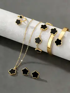 Flower Design Fashion Jewelry Set, Elegant Necklace Bracelet Bangle Ring Earrings, Perfect for Party Daily Wear, Trendy Birthday Gift