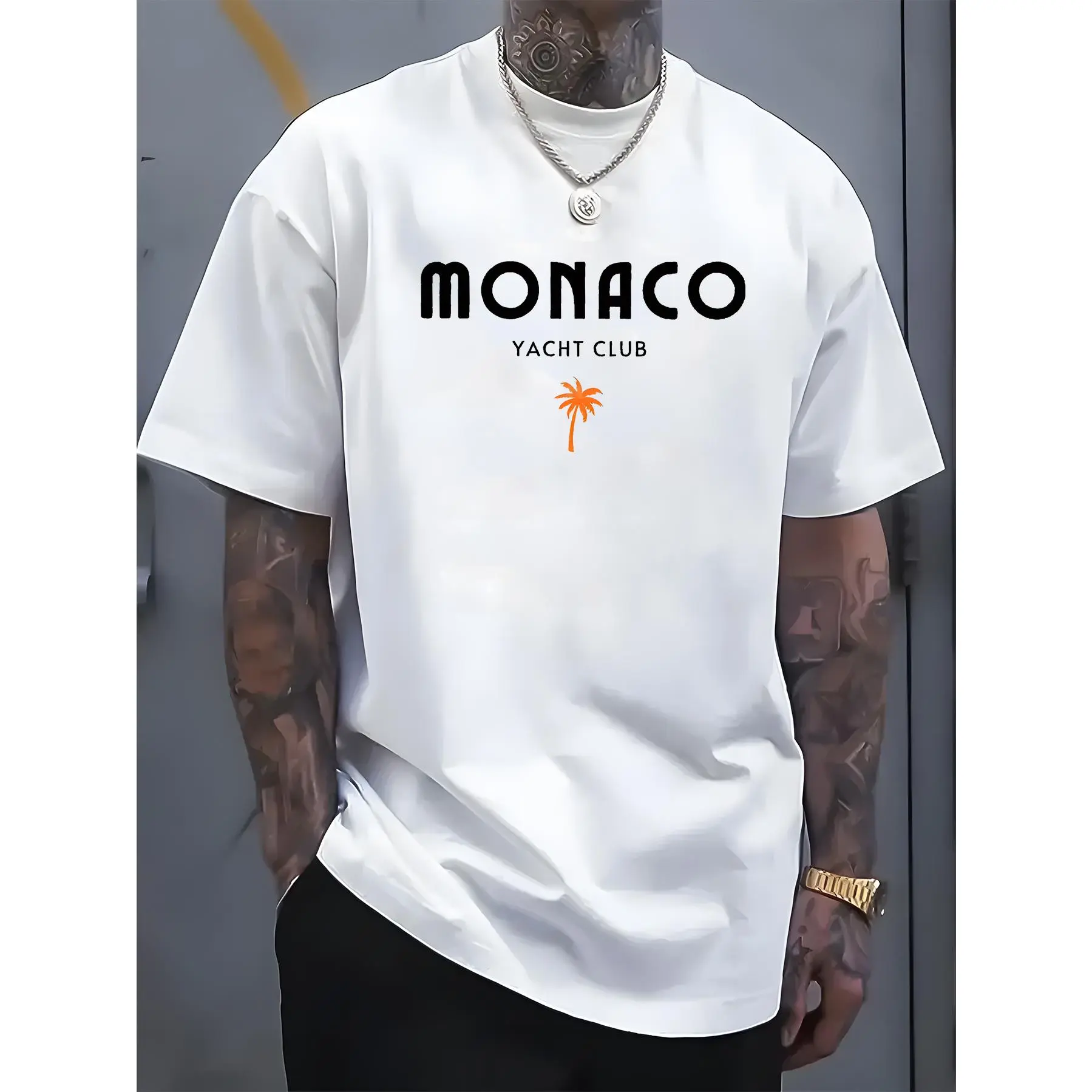 1X Monaco Yacht Club Graphic T-Shirt, 100% Cotton Crew Neck T-Shirt, Palm Tree Print, Casual Short Sleeve Top For Men And Teens