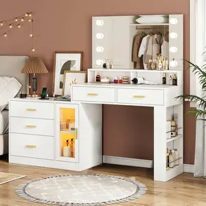 Sikaic LED Makeup Vanity Dresser With Mirror And Charging Station & 5 Drawers Cabinet Storage