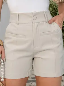 New Elegant Casual Shorts for Women, High Waist Single Button Design, Workwear Pocket Style, Versatile Slimming Hot Pants, Fabric