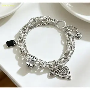 Unisex 925 Sterling Silver Bracelet, Vintage Heart Cross Pendant, Adjustable String Jewelry, Stackable Charm Wrist Accessory for Daily Wear, Party & Holiday Gifting