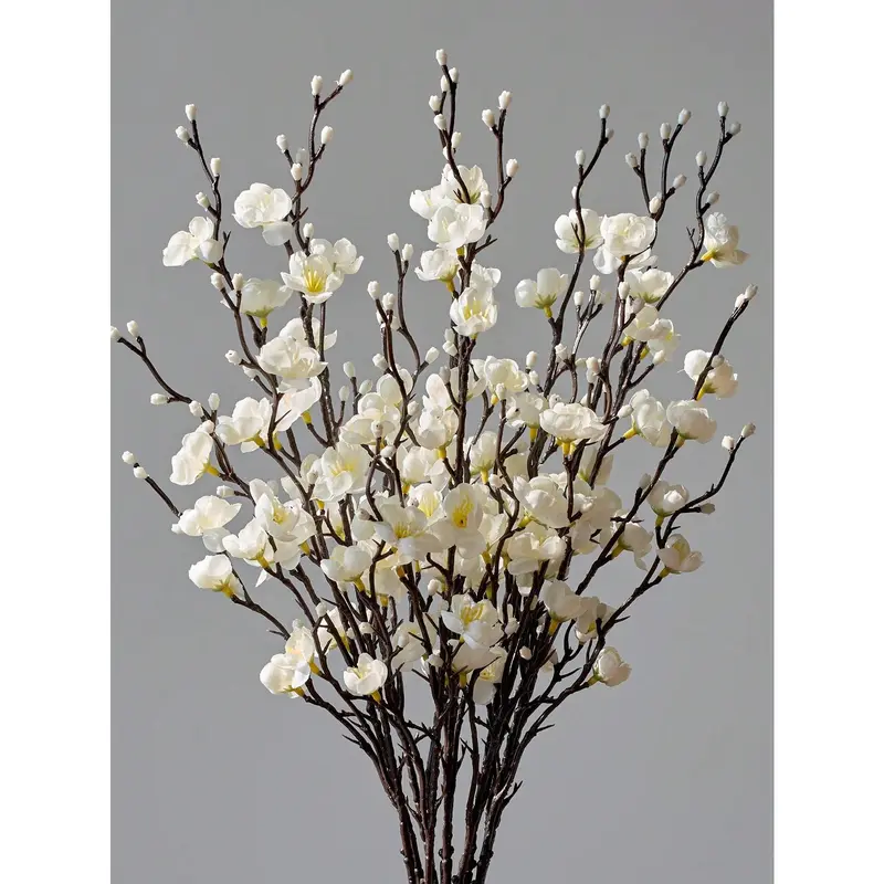 12/24Pcs Winter Artificial Flowers White Plum Silk Blossom 21.7'' Fake Wintersweet Long Stem Plastic Faux Flowers for Home Hotel Office Wedding Party Garden Centerpieces All Season Decor Decoration Ornaments(vase not included)