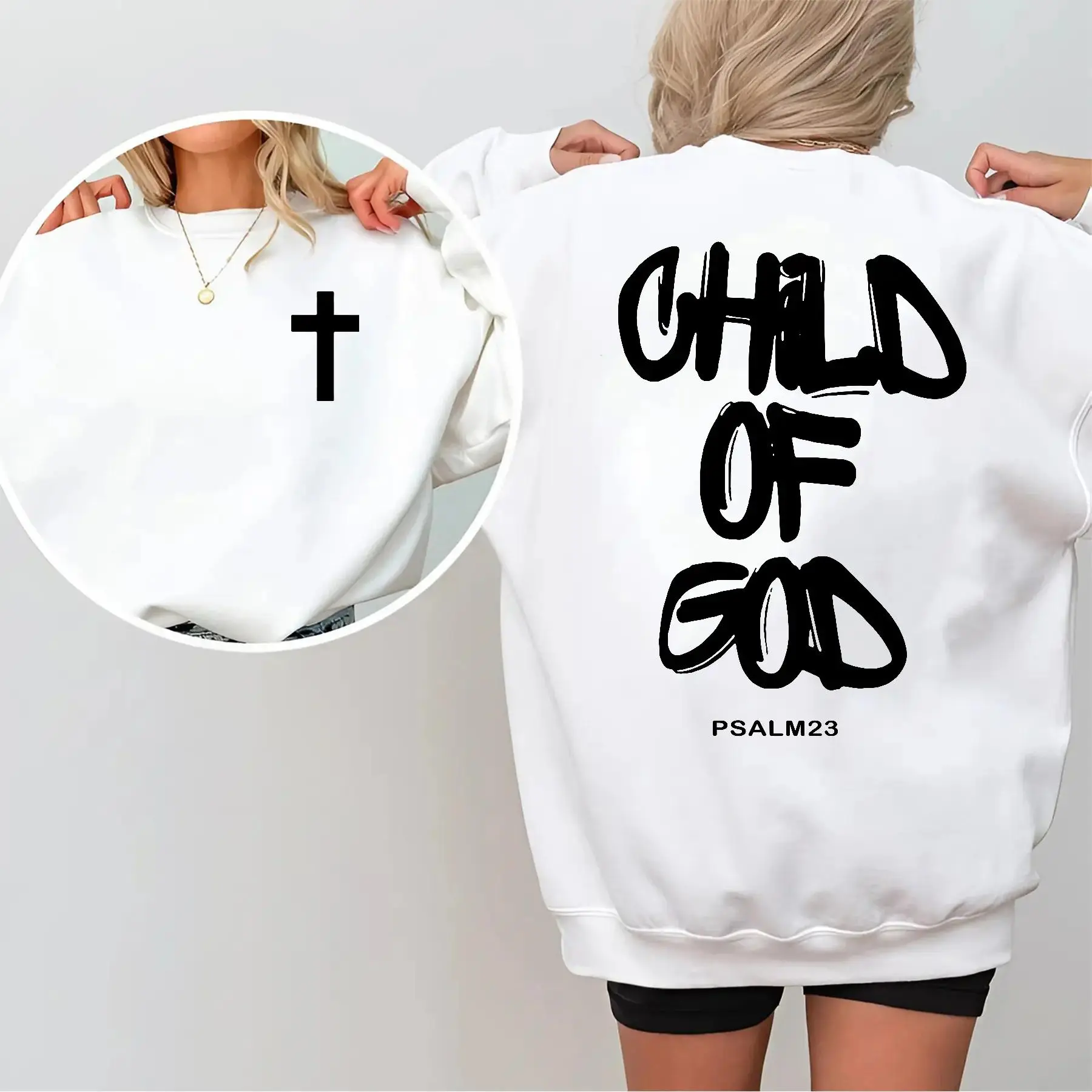 Women's Cotton Printed Round Neck Longsleeves Loose Christian Faith Bible-Inspired Child of God Jesus Pullover, Cozy Unisex Religious Crewneck Streetwear, Gift for Believers