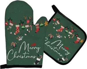 Green Christmas Oven Mitts and Pot Holders Sets, Merry Christmas Heat Resistant Pads Kitchen Decor for Cooking Baking BBQ Grilling, Christmas Xmas Oven Glove Set Kitchen Gifts