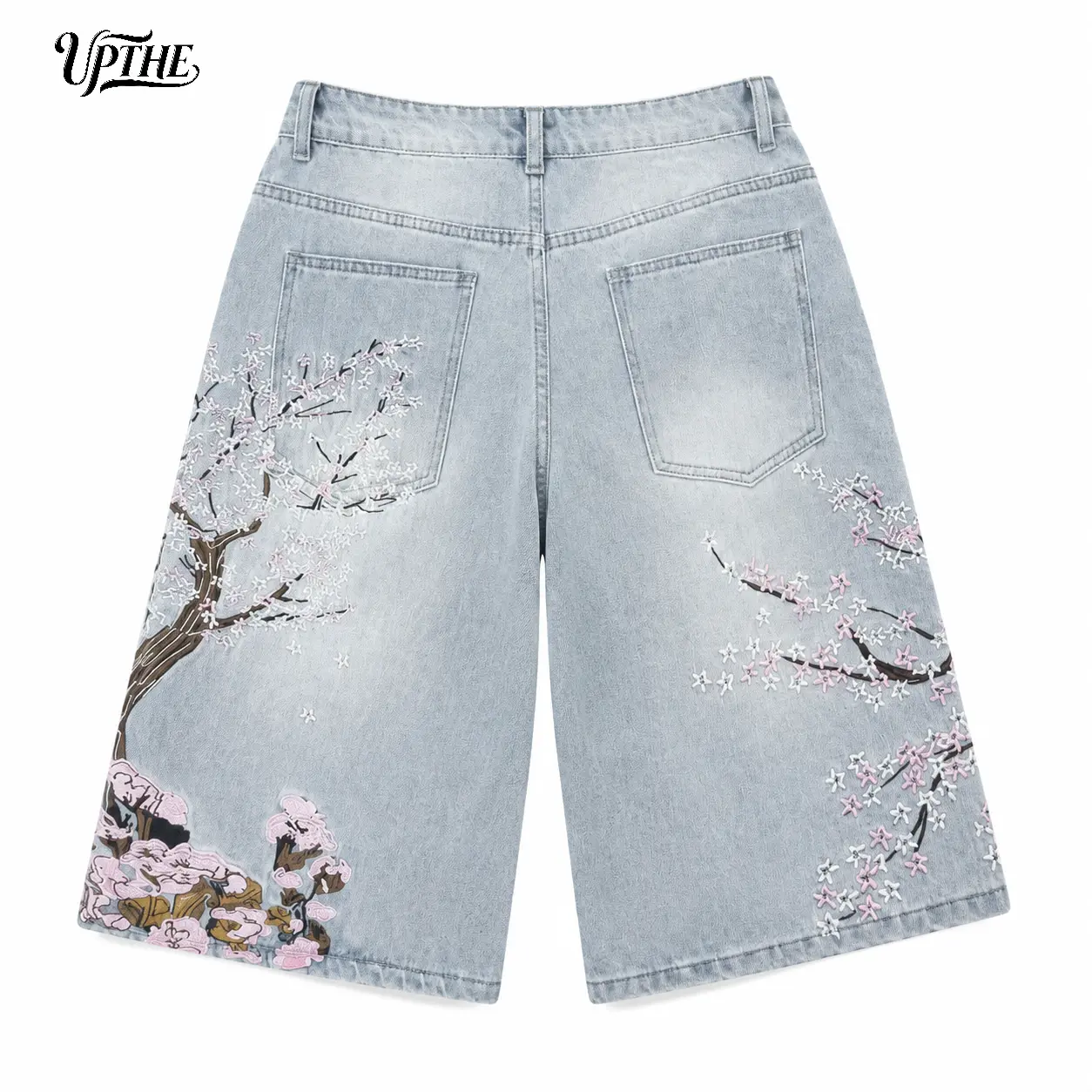 UP.THE Aesthetic Sakura Floral Embroidery Oversized Wide Leg Capri Jeans Men Loose Cropped 7/8 Length Denim Pants Y2K Hip Hop Summer Street Fits