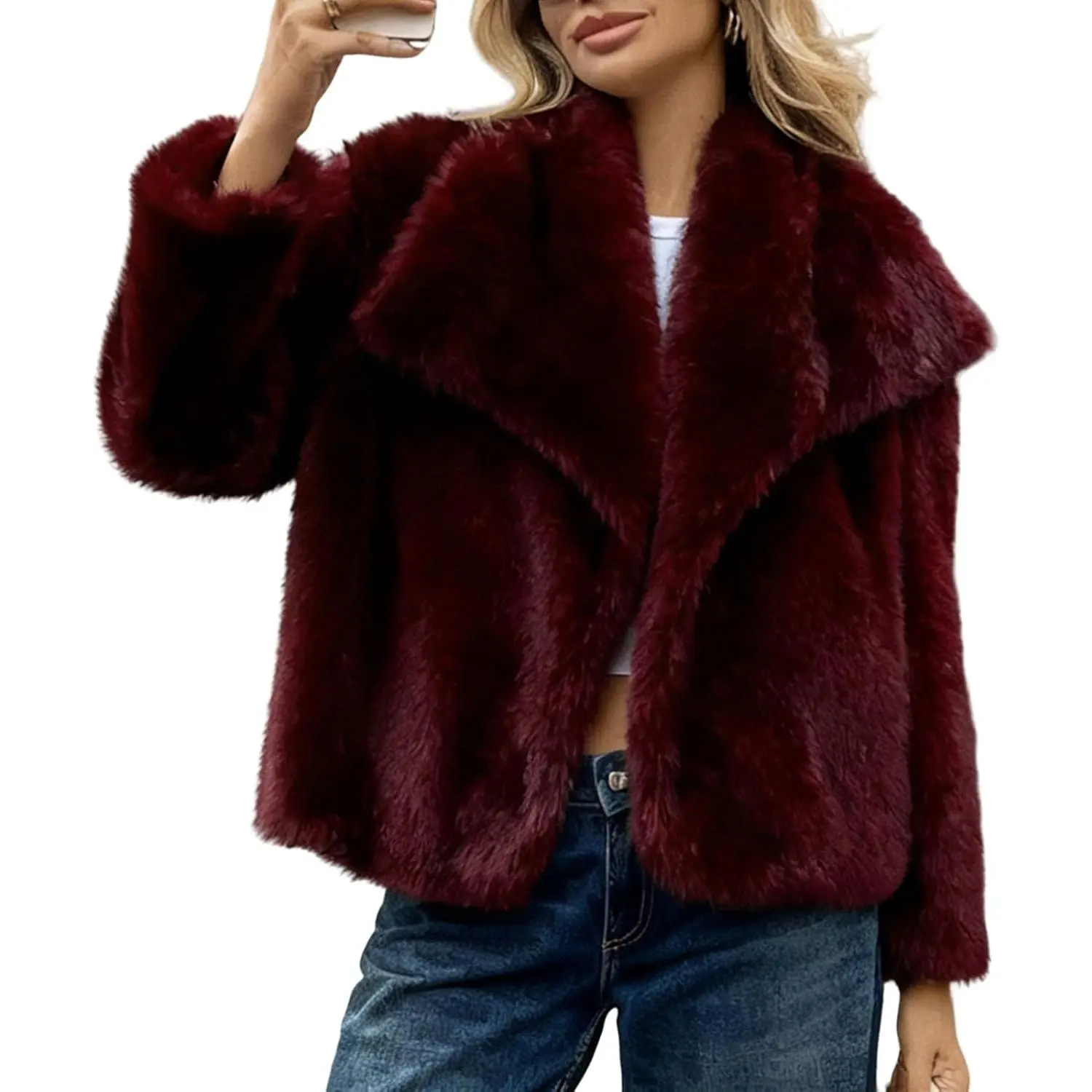 Women's Shaggy Faux Fur Coat, Warm Winter Lapel Jacket for Ladies, Fluffy Long Sleeve Open-Front Furry Overcoat, Tops, Lady, Clothes, Xl